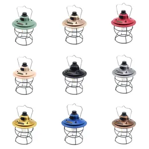 Vintage rechargeable LED camping lanterns in nine assorted colors with metal cage and hanging handles