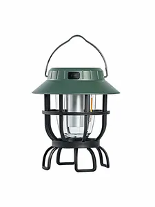 Portable retro dark green solar camping lantern with handle for outdoor emergency lighting