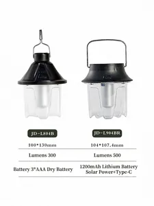 Comparison of solar outdoor camping lanterns showing battery and lumen specifications.