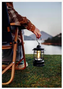 Lanterne de camping rechargeable vintage noire tenue à la main au bord d'un lac pittoresque