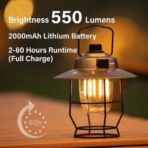 Retro LED-kampeerlantaarn voor buiten, 550 lumen met oplaadbare batterij.