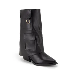 Schwarze PU-Leder-Hosenbeinstiefel mit spitzer Zehenpartie Blockabsatz und Taschendetails