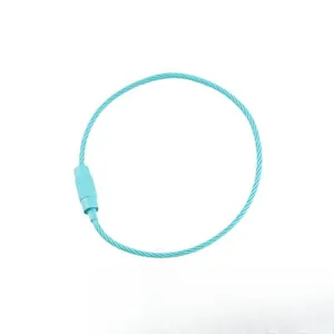 Detail view of light blue color-coated stainless steel wire cable ring with screw lock.