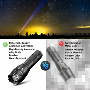Comparaison détaillée montrant la lampe de poche LED T6 en aluminium contre une imitation