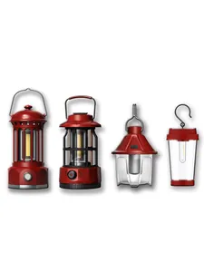 Four distinct vintage red LED outdoor camping lanterns with retro styles for ambient lighting