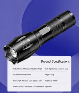 Vue détaillée d'une lampe de poche LED professionnelle avec fiche technique complète