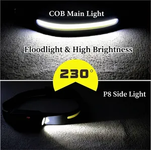 USB rechargeable sensor headlamp featuring a 230-degree wide angle COB LED floodlight
