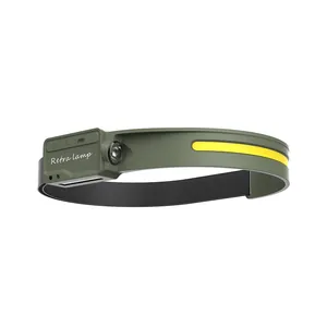 USB rechargeable wave induction LED headlamp with COB floodlight and green silicone strap