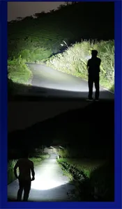 Scatto notturno che mostra il potente fascio di luce di una torcia a LED portatile