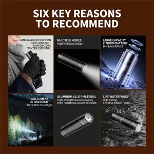 800 Lumens LED flashlight with 50°C hand warmer, IP44 waterproof, aluminum alloy portable torch
