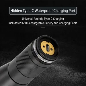 High-power aluminum flashlight featuring a hidden Type-C waterproof charging port