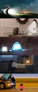 Versatile LED camping lantern shown in flashlight, desk lamp, and emergency light modes.