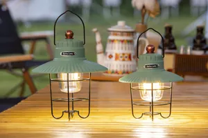 Warm glow of vintage green LED camping lanterns presented on a wooden outdoor table