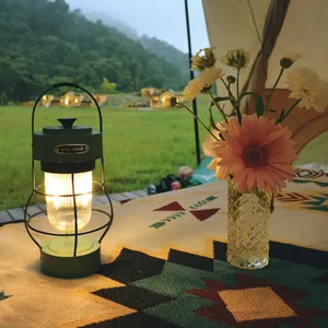 Lanterna da campeggio a LED ricaricabile verde in stile retrò con luce calda all'aperto.