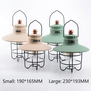 Retro LED camping lanterns in sand and green, available in two portable sizes.