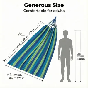 Dimensiones detalladas de la hamaca de lona a rayas que muestran longitud para adultos.
