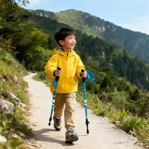 Aziatische jongen wandelt met blauwe trekkingstokken met patroon op een bergpad