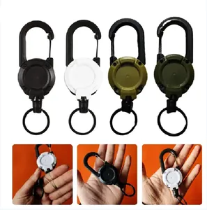 Close-up views of retractable carabiners in four colors showing the pulling mechanism