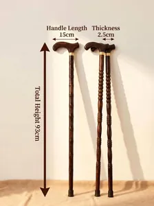 Detailed view of 93cm solid wood walking stick with ergonomic 15cm handle dimensions