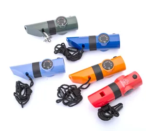 7-in-1 multi-functional survival whistle with compass and LED light in 5 colors