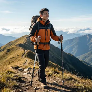 Asiatischer Wanderer nutzt verstellbare Alu-Trekkingstöcke mit EVA-Griffen am Berg