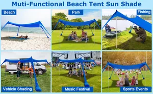 Tenda parasole da spiaggia in Lycra blu mostrata in sei diversi scenari di svago all'aperto