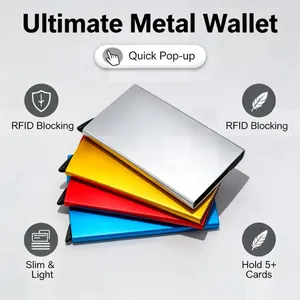 Slim RFID blocking metal wallet with pop-up card mechanism in multiple colors.