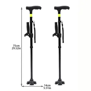 Detailansicht der Abmessungen des faltbaren Vierfuß-Gehstocks mit LED-Licht und Reflexstreifen