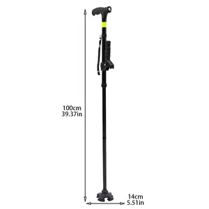 Detail mit Abmessungen des faltbaren Gehstocks mit LED-Licht und stabilem Vierfußständer
