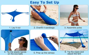 Vista dettagliata con guida passo-passo per l'installazione della tenda da spiaggia blu.