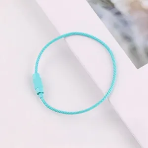 Close-up detail of a turquoise color coated steel wire loop with a textured screw lock connector