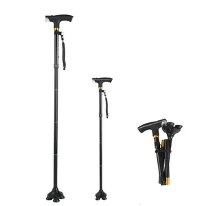 Bâton de randonnée télescopique pliable avec poignée LED et base de stabilité à 4 dents