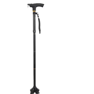 Canne de marche télescopique pliante avec lampe LED et base à quatre pieds stable