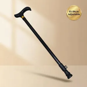 Zwarte verstelbare aluminium wandelstok met telescopisch bereik van 65-94 cm.