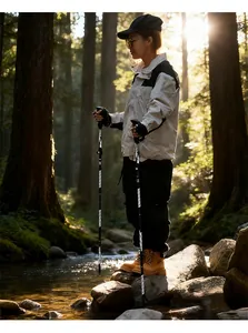 Asian model using telescopic aluminum trekking poles in a lush forest stream setting