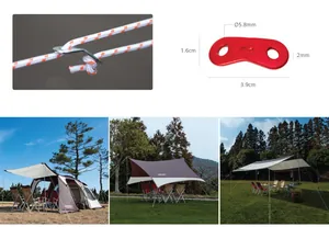 Tensor de cuerda para carpa de aluminio rojo de 3 orificios con dimensiones y uso.