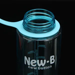 Close-up of a blue translucent sports water bottle with New-B logo and carry strap