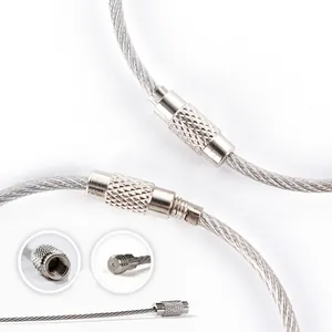Detailed view of the durable stainless steel wire cable loop screw connector for luggage tags