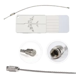 Silver aluminum airplane luggage tag with secure stainless steel wire cable for bags