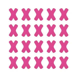 Detailed view of multiple pink X-shaped kinesiology tapes for muscle support and sports