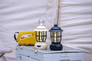 Two retro camping lanterns in black and white on a storage box for outdoor lighting