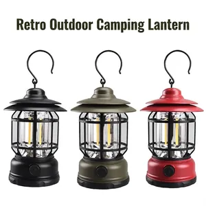 Lanterne de Camping LED Rétro Rechargeable Lampe Tempête Portable Avec Crochet en Métal Pour Tente Extérieure Jardin Maison