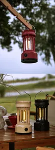 Vintage LED camping lanterns in red, beige, and black presented in professional outdoor settings