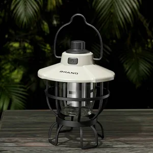 Vintage portable LED camping lantern with rechargeable battery and cream finish