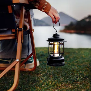 Lanterne de camping LED noire vintage rechargeable tenue à la hand au bord d'un lac