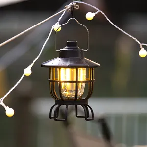 Vintage rechargeable camping lantern with warm LED light for cozy outdoor atmosphere.