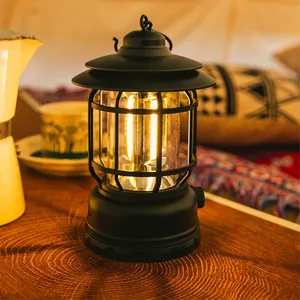 Lanterne de camping LED noire rechargeable vintage avec lumière chaude pour tentes