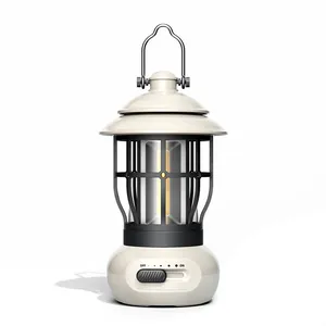 Vintage cream camping lantern with black metal cage and adjustable USB power switch