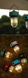 Set of vintage style LED camping lanterns in various colors scattered on grass