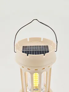 Retro solar camping lantern with high-efficiency solar panel and warm COB LED light.